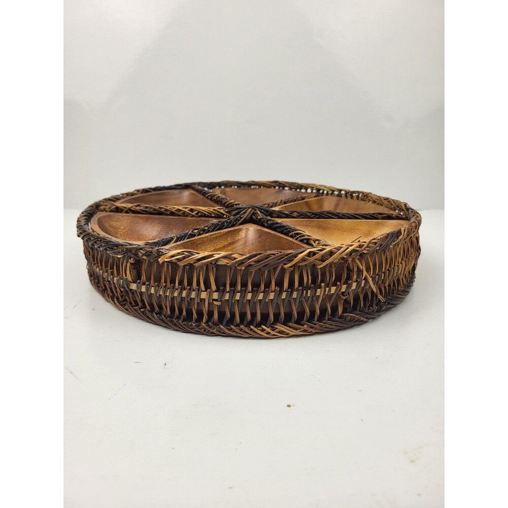 Vintage MCM Wood And Rattan Serving Platter Hand Crafted 12 Inch - Picture 2 of 7